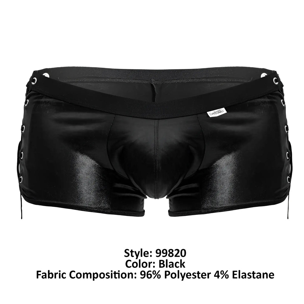 Black shiny polyester CandyMan 99820 side-tie trunks with lace-up sides and a stretchy waistband
