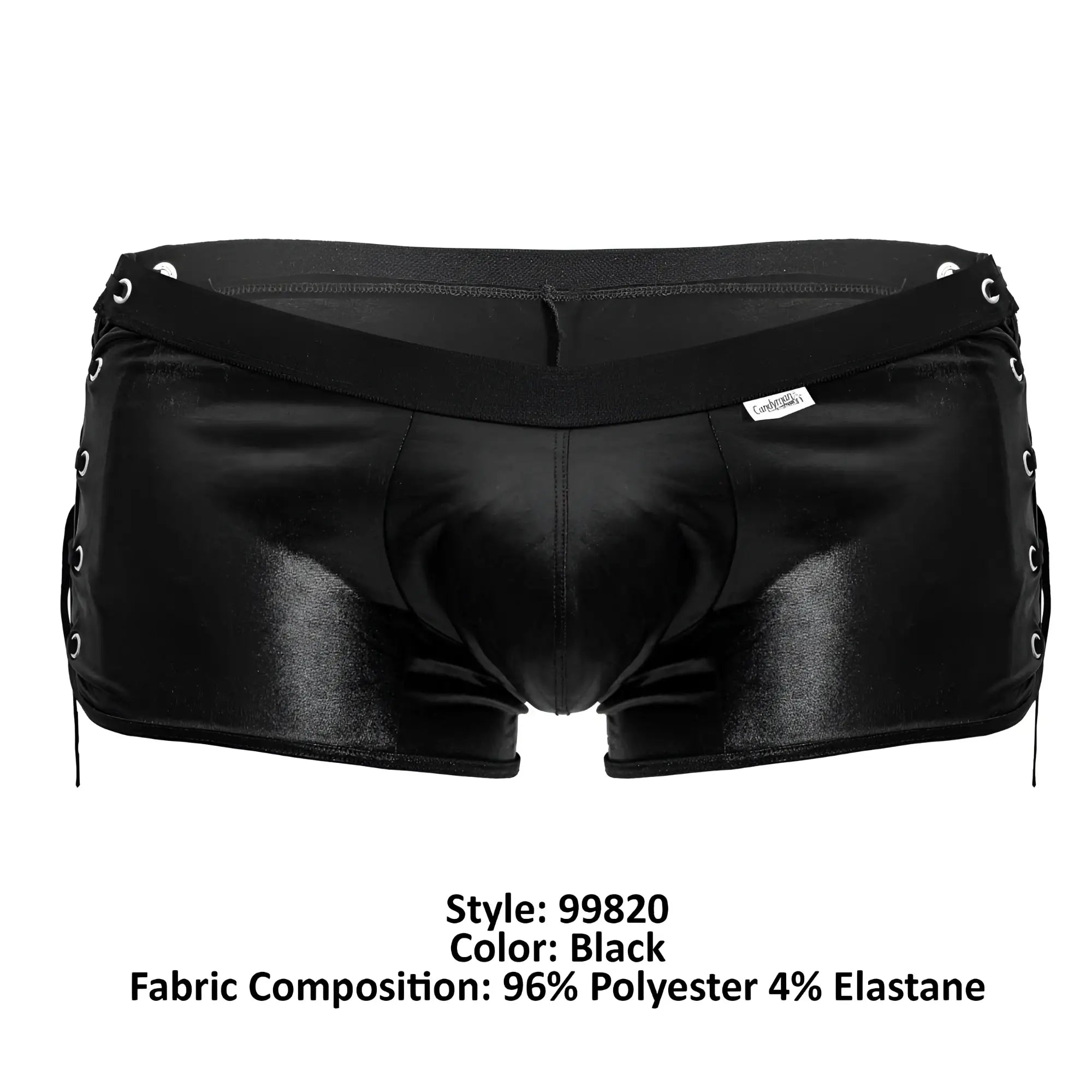 Black shiny polyester CandyMan 99820 side-tie trunks with lace-up sides and a stretchy waistband
