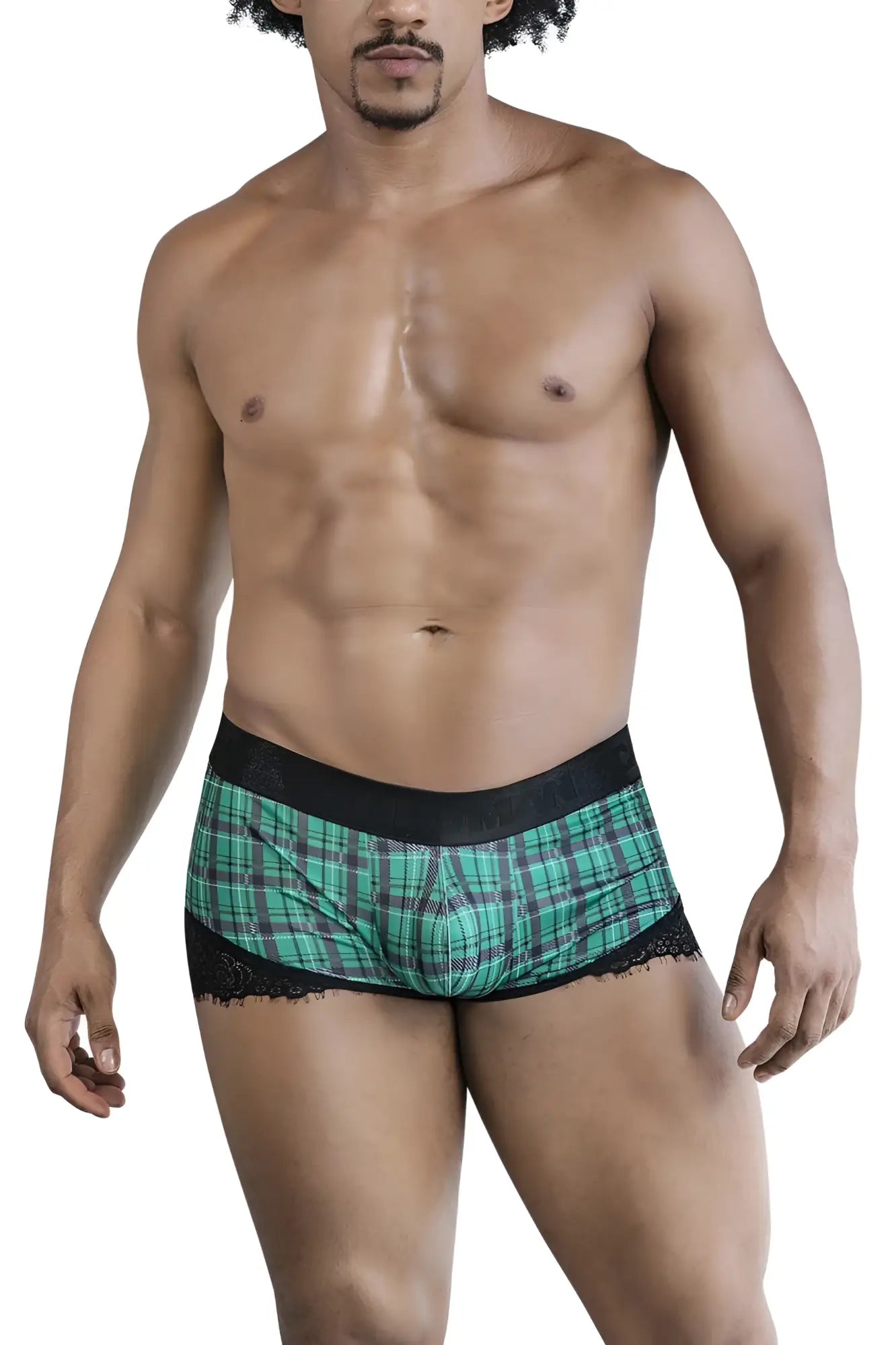 Green and black plaid boxer briefs with lace trim candyman 99821 back to school trunks color green plaid