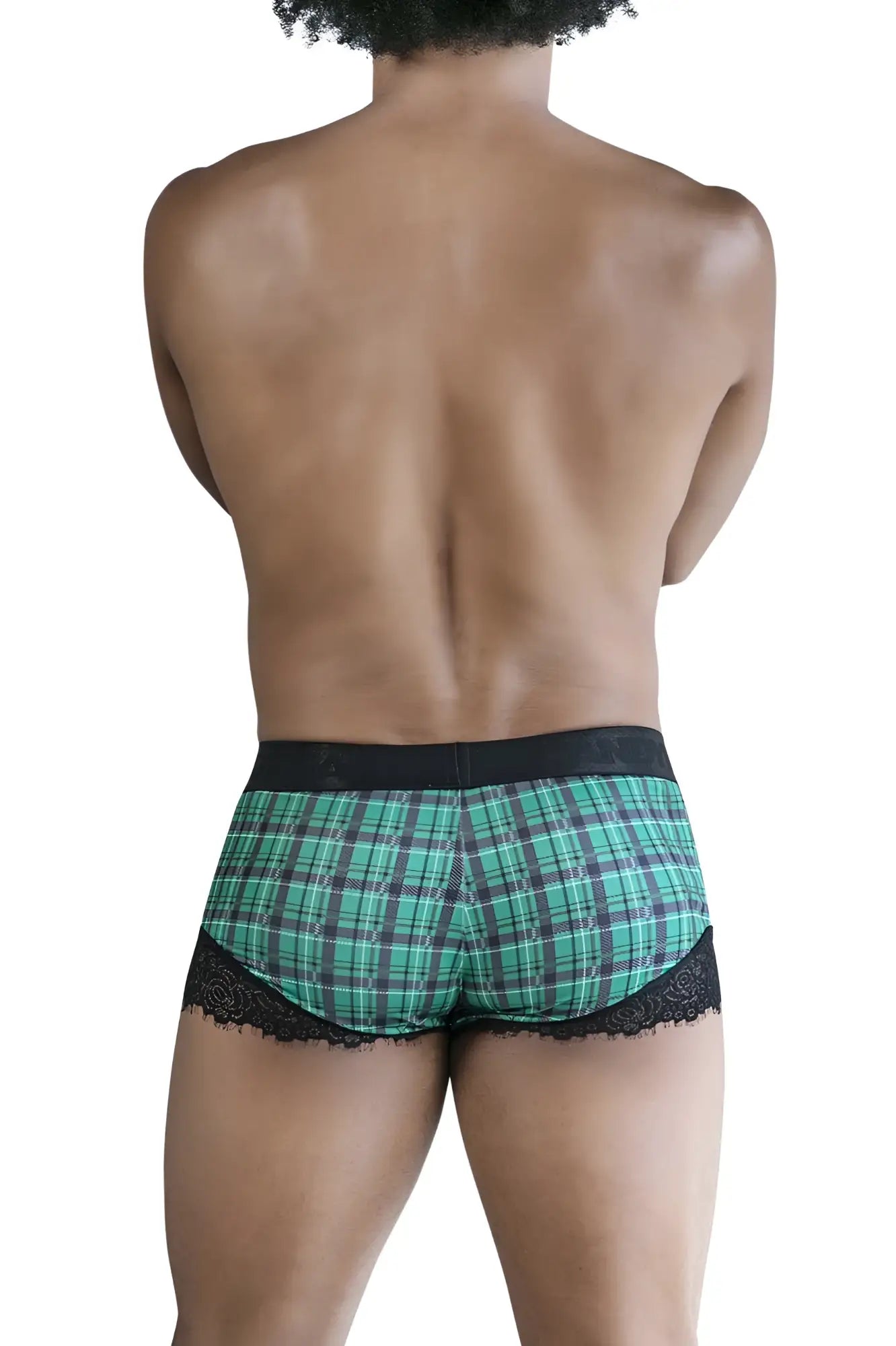 CandyMan 99821 back to school trunks green plaid briefs with black lace trim in green and black plaid pattern