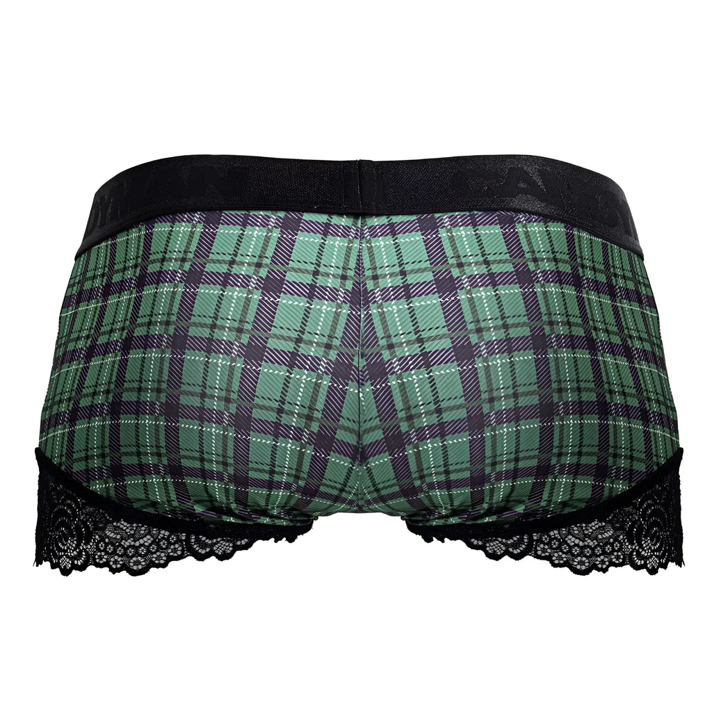 CandyMan 99821 back to school trunks green plaid briefs with black lace trim in front view