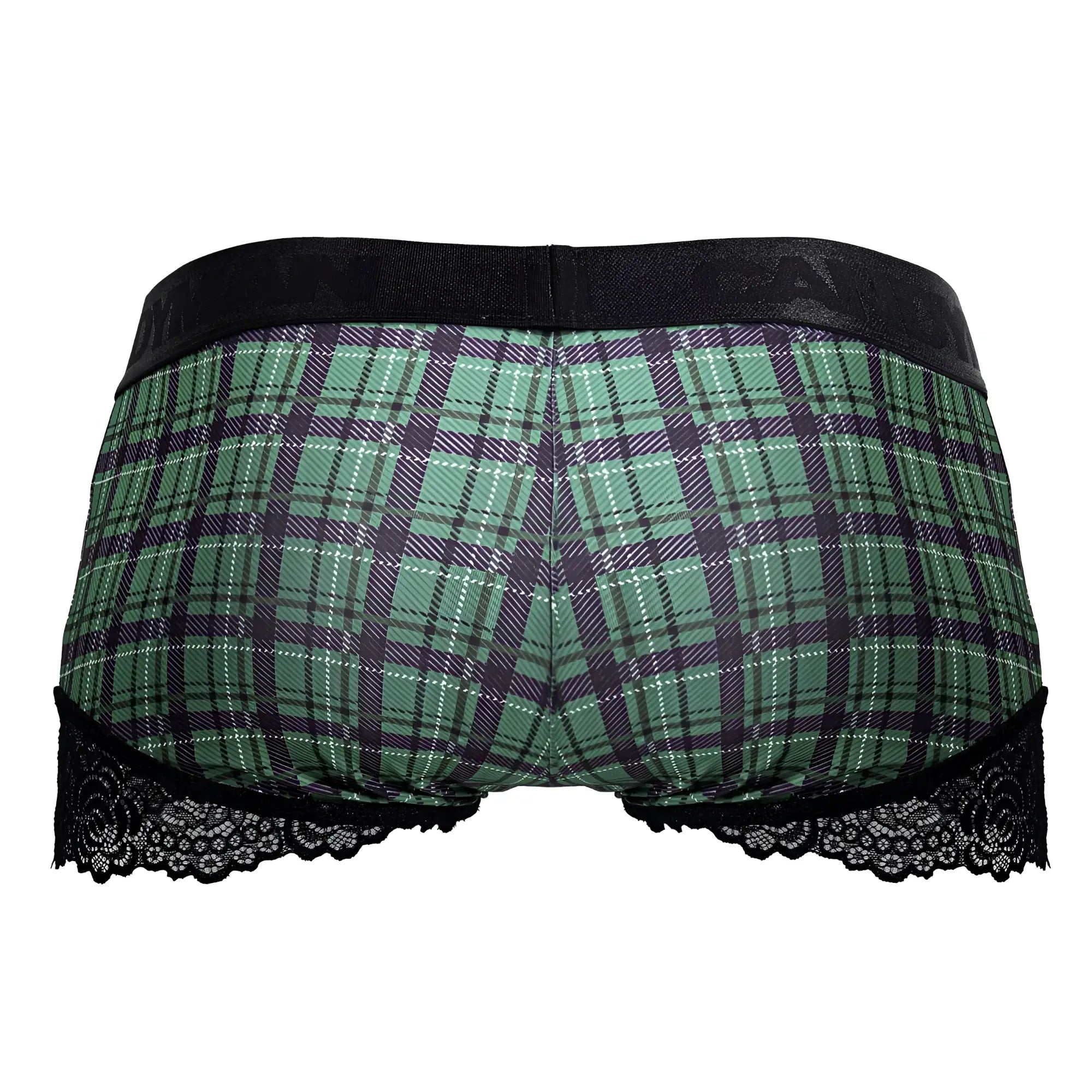 CandyMan 99821 back to school trunks green plaid briefs with black lace trim in front view