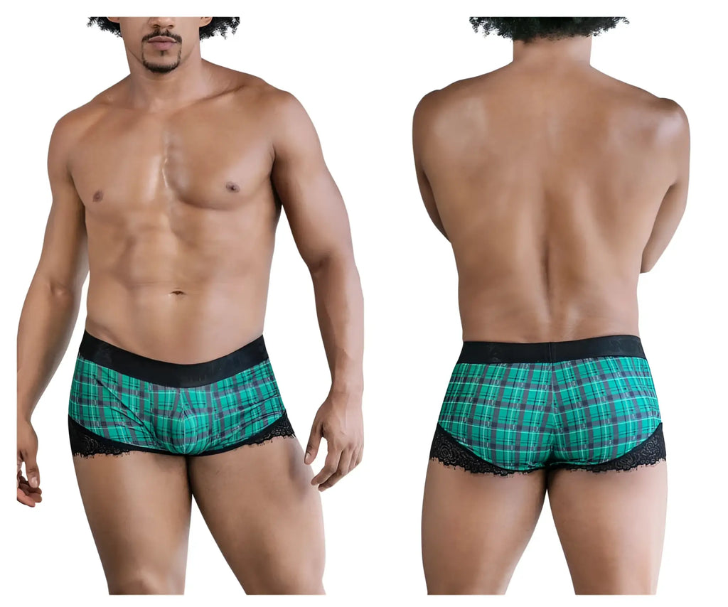 Green plaid mens briefs with black lace trim and solid black waistband candyMan 99821 back to school trunks
