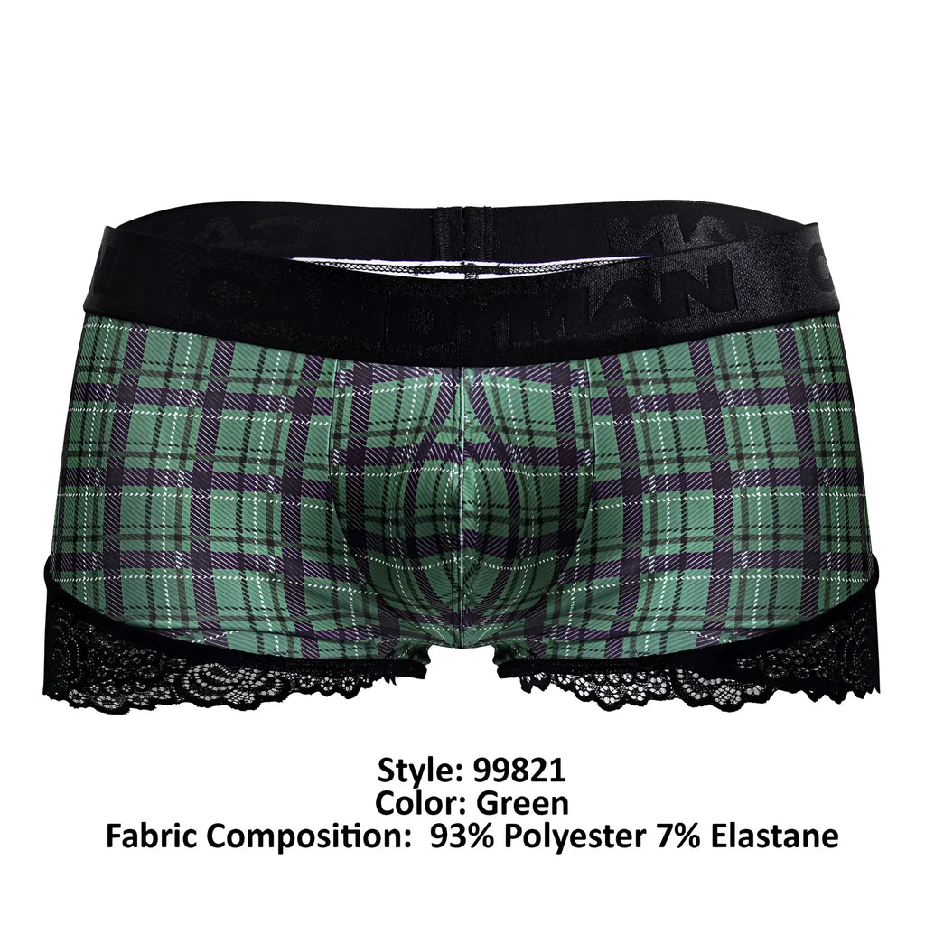 Green plaid men’s boxer briefs with black lace trim and elastic waistband candyMan 99821 back to school trunks