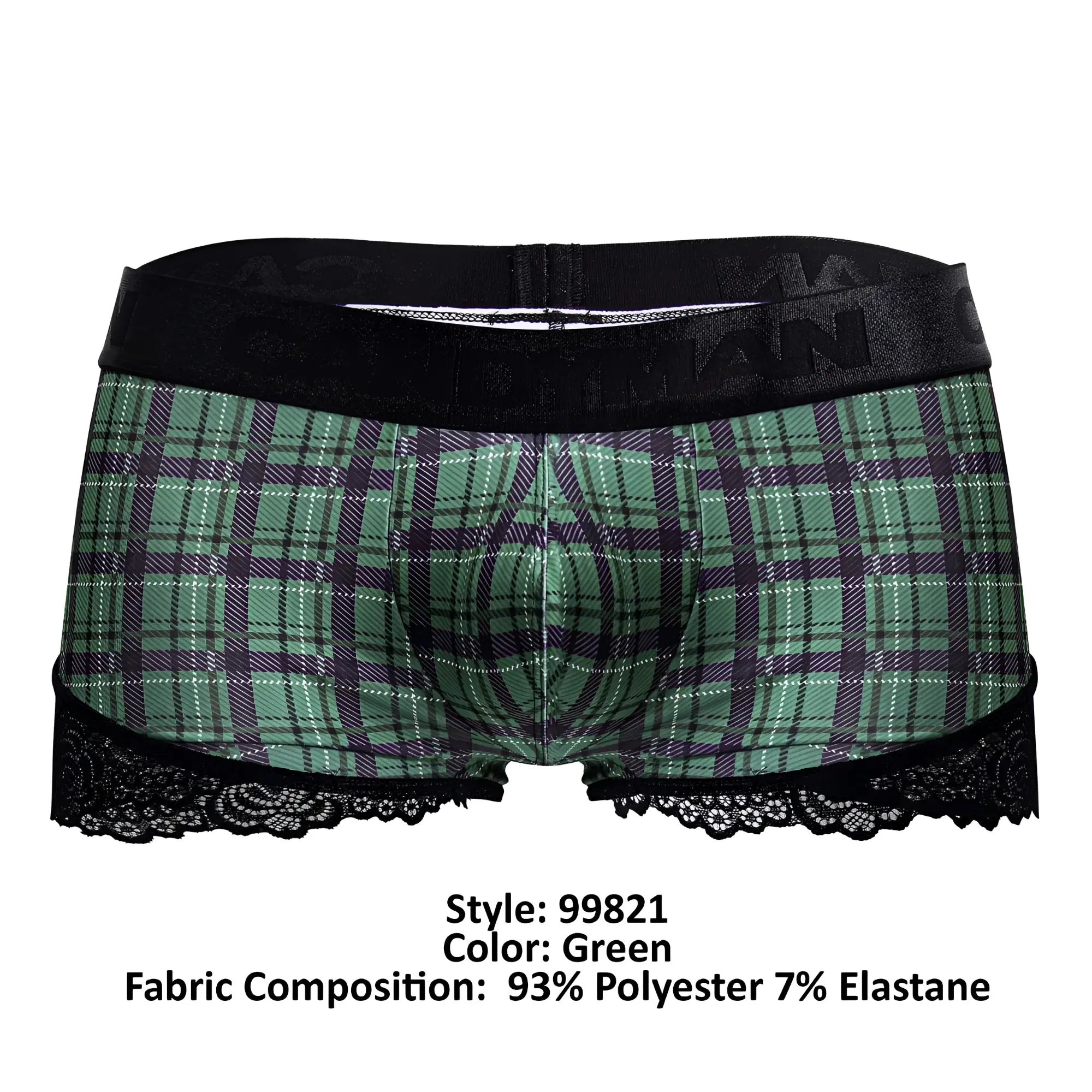Green plaid men’s boxer briefs with black lace trim and elastic waistband candyMan 99821 back to school trunks
