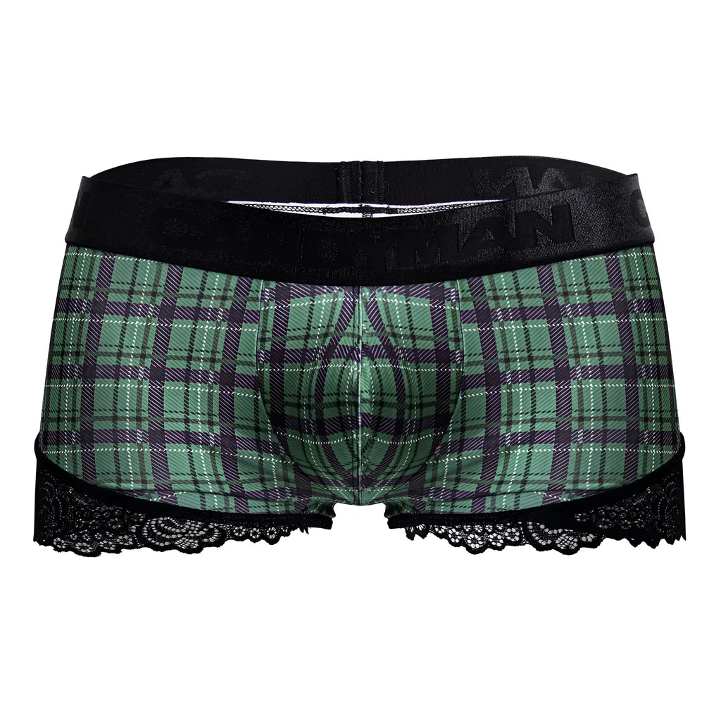 Candyman 99821 back to school trunks green plaid boxer briefs with purple plaid pattern black lace trim and branded waistband