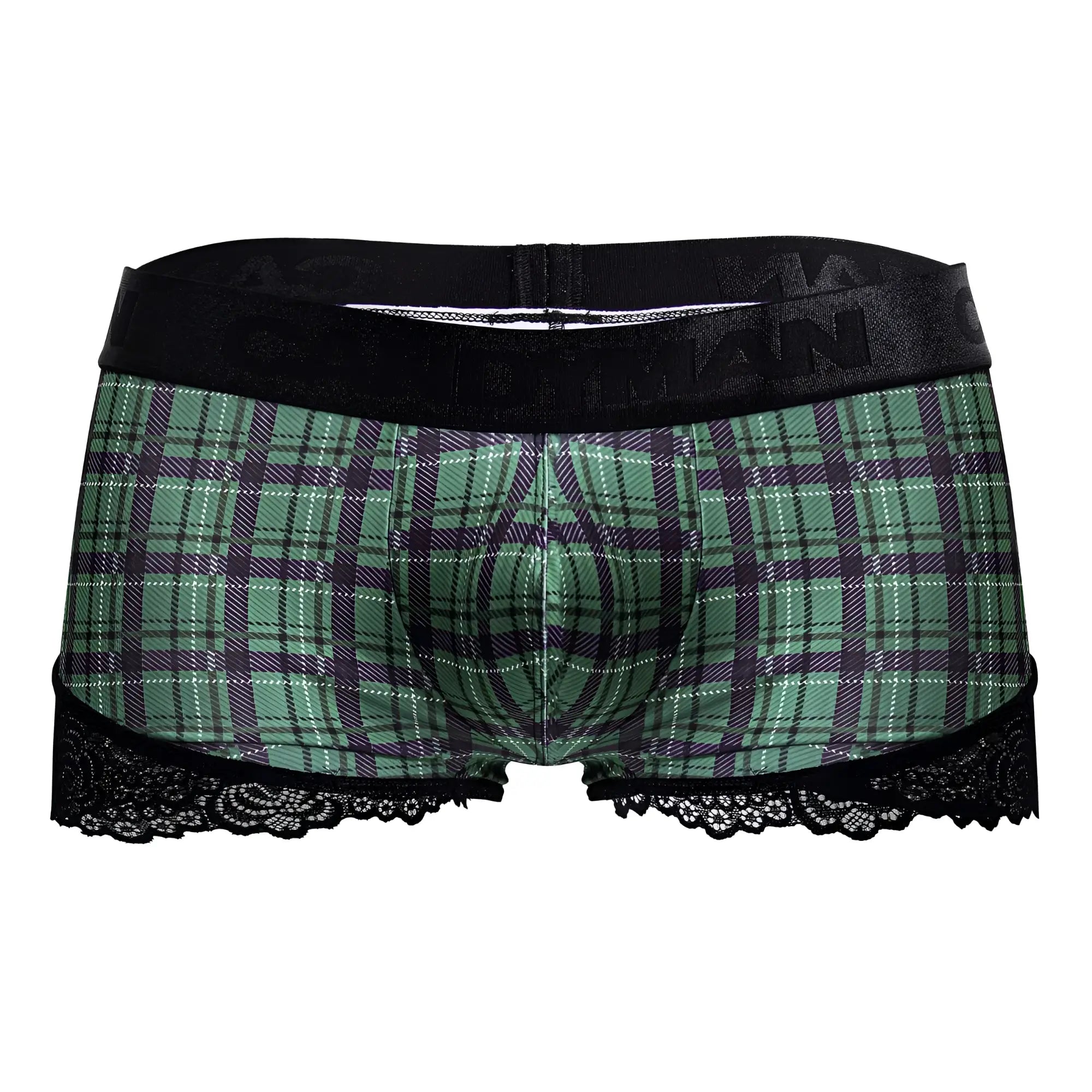 Candyman 99821 back to school trunks green plaid boxer briefs with purple plaid pattern black lace trim and branded waistband
