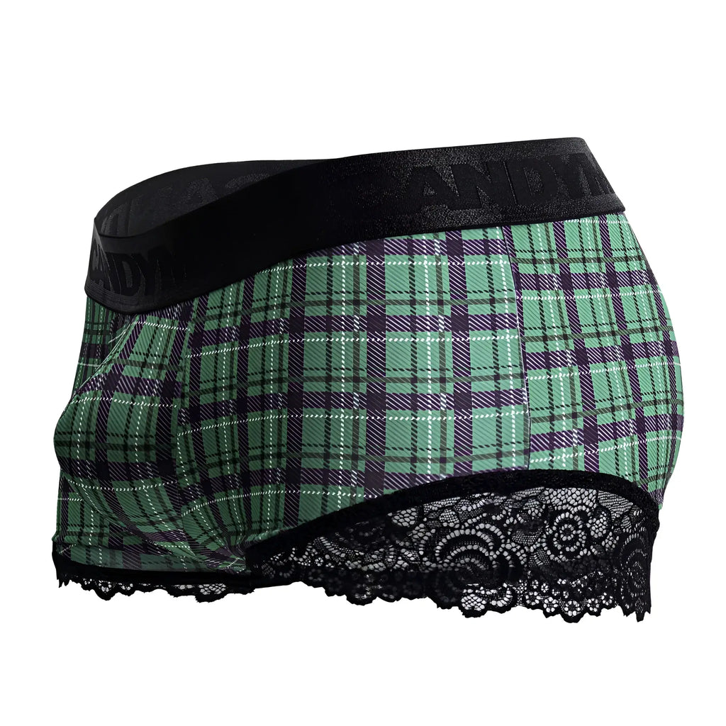 Green and purple plaid men’s CandyMan 99821 back to school trunks with black lace trim and branded waistband