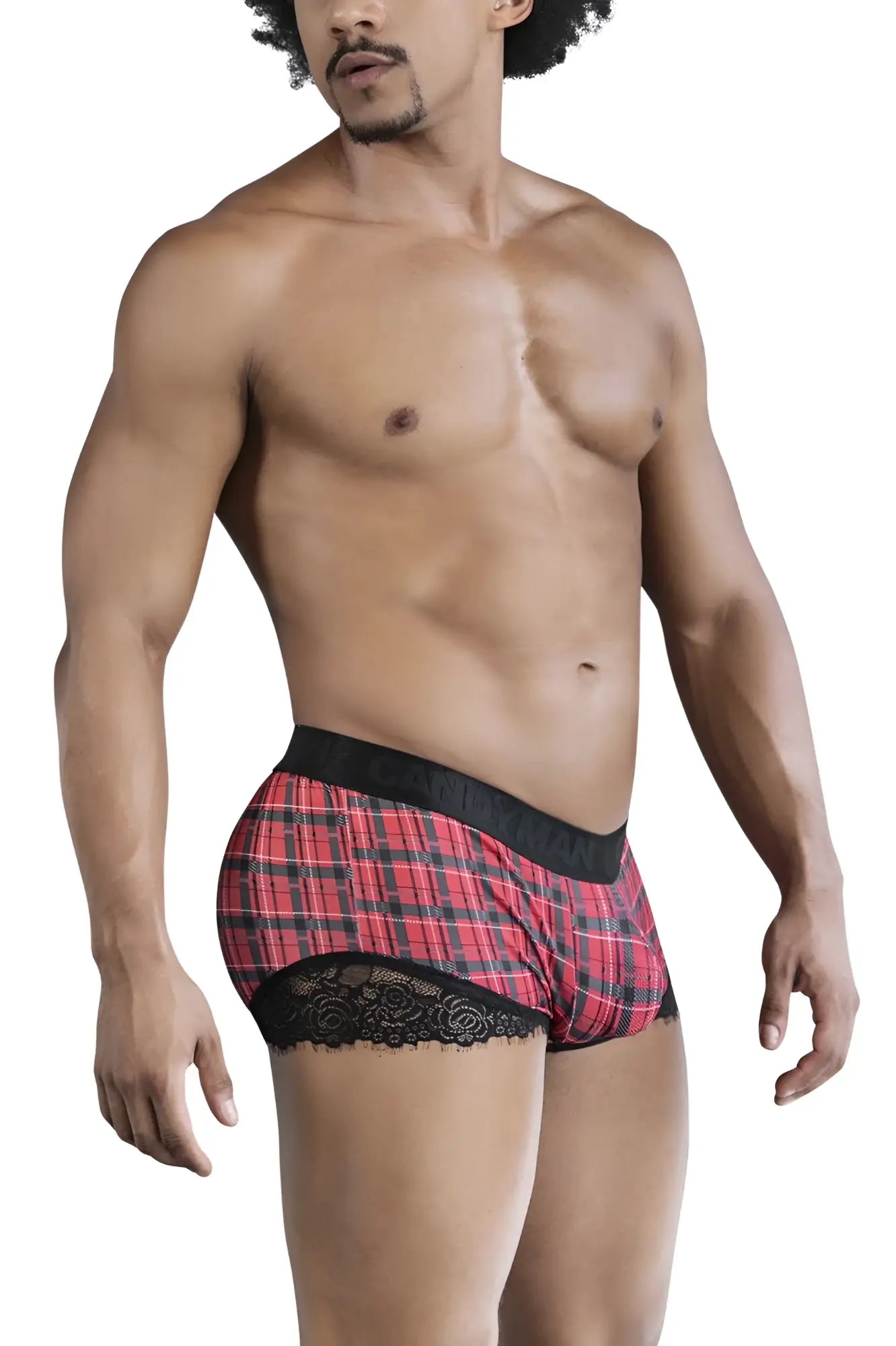 Candyman 99821 back to school trunks in red and black plaid boxer briefs with lace trim for comfortable wear
