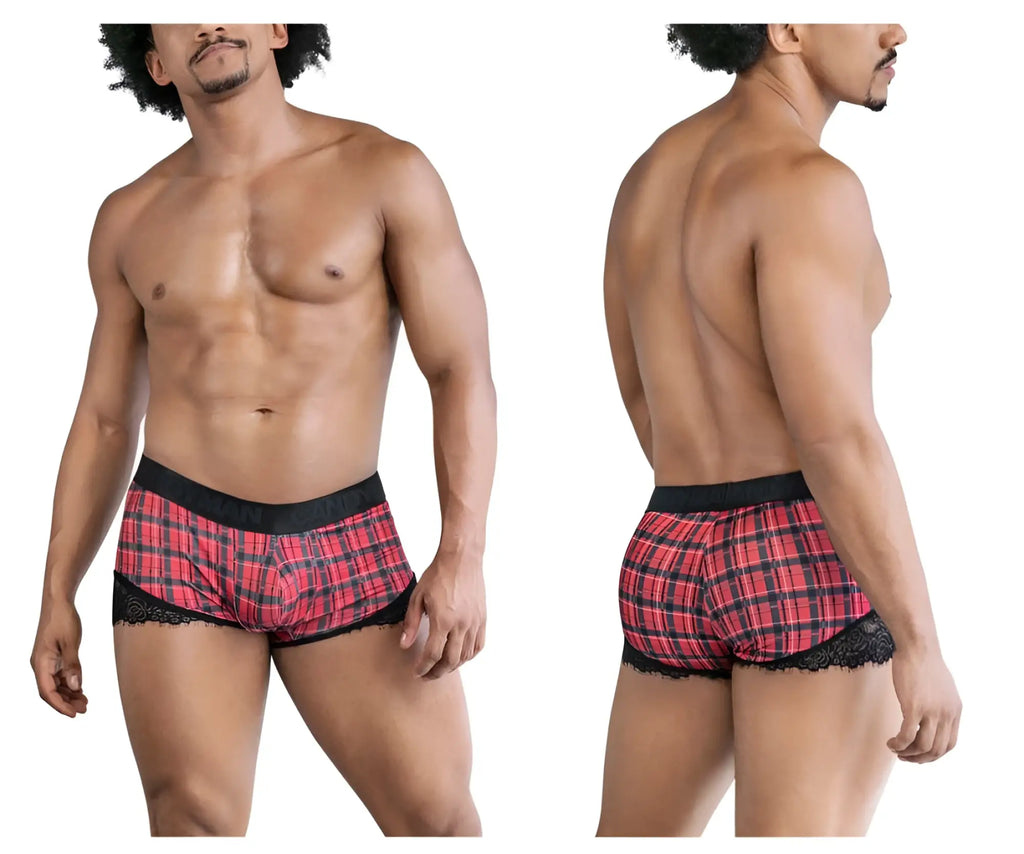 Red and black plaid boxer briefs with lace trim candyMan 99821 back to school trunks in red plaid
