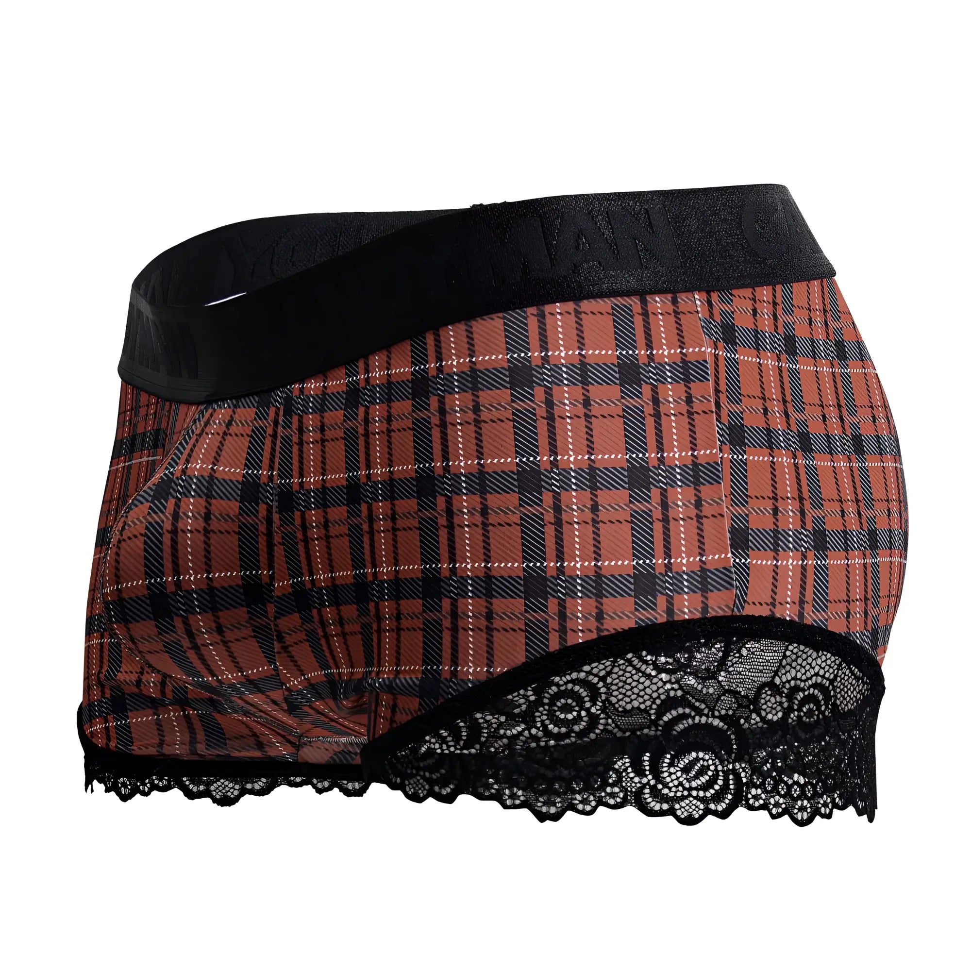 Candyman 99821 red plaid boxer briefs with black lace trim designed for back to school comfort