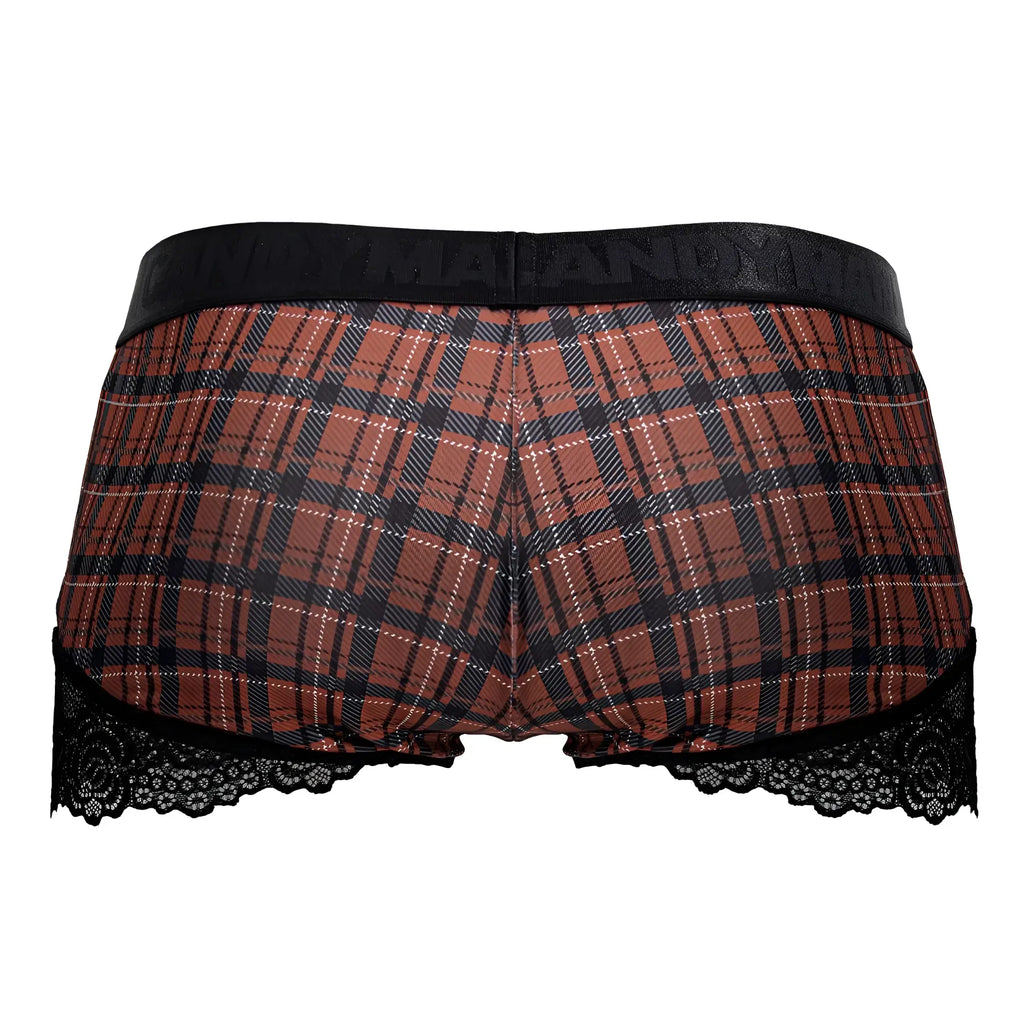 Candyman 99821 red plaid briefs with black lace trim featuring red and black plaid pattern and lace detail