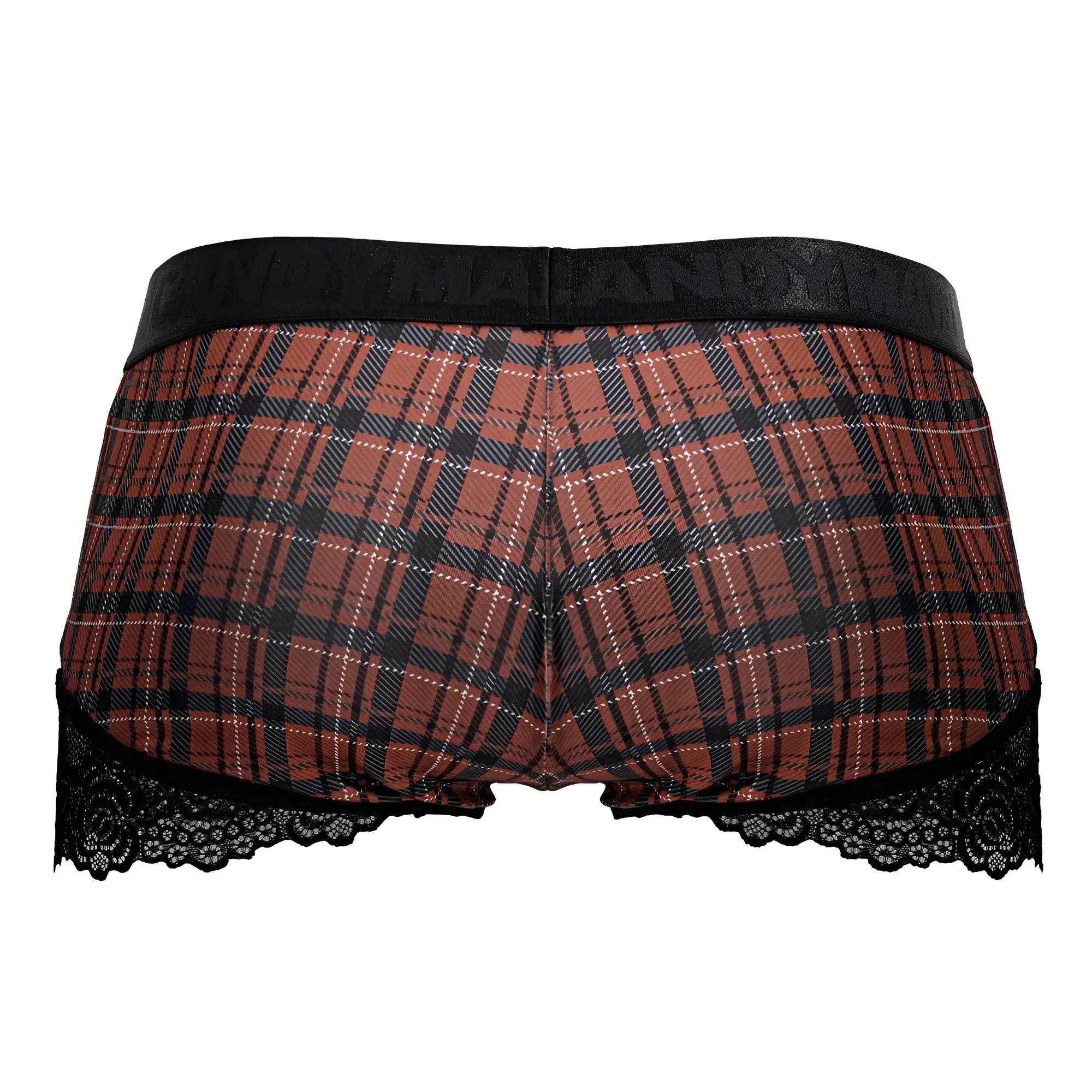 Candyman 99821 red plaid briefs with black lace trim featuring red and black plaid pattern and lace detail