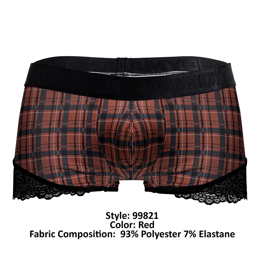 Red plaid boxer briefs with black lace trim and elastic waistband from candyman 99821 back to school trunks collection
