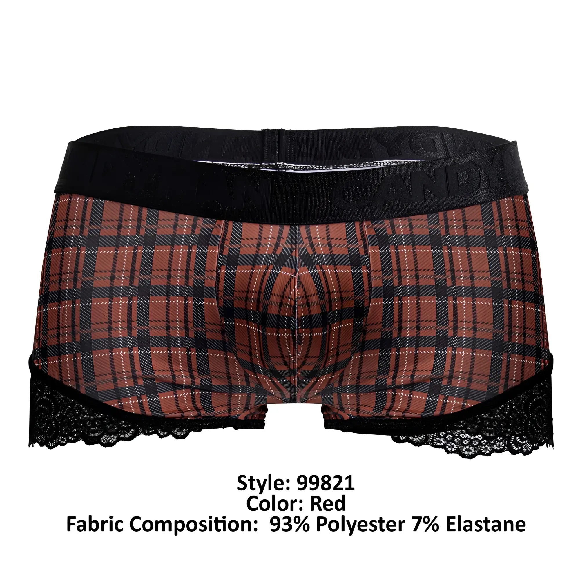 Red plaid boxer briefs with black lace trim and elastic waistband from candyman 99821 back to school trunks collection