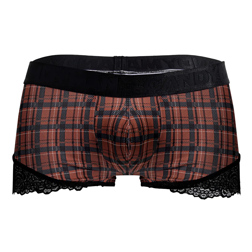Brown and black plaid CandyMan 99821 boxer briefs with lace trim in red plaid back to school trunks design