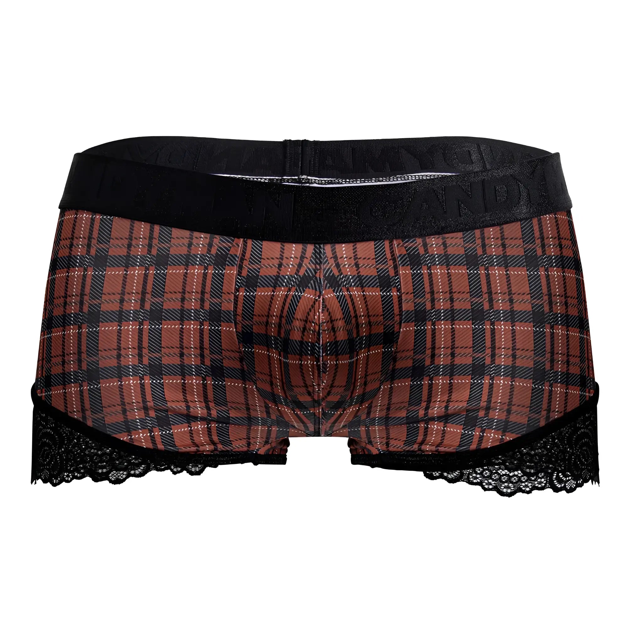 Brown and black plaid CandyMan 99821 boxer briefs with lace trim in red plaid back to school trunks design
