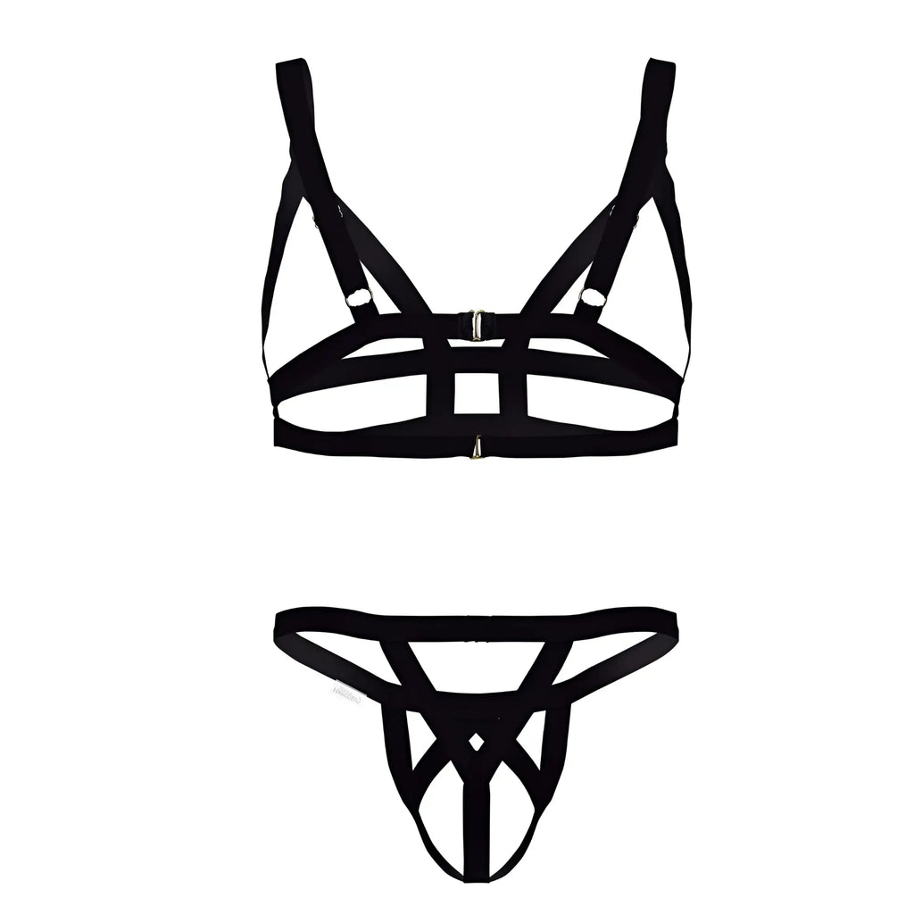 Black strappy harness-style lingerie set with metallic hardware candyMan 99822 two piece outfit front view