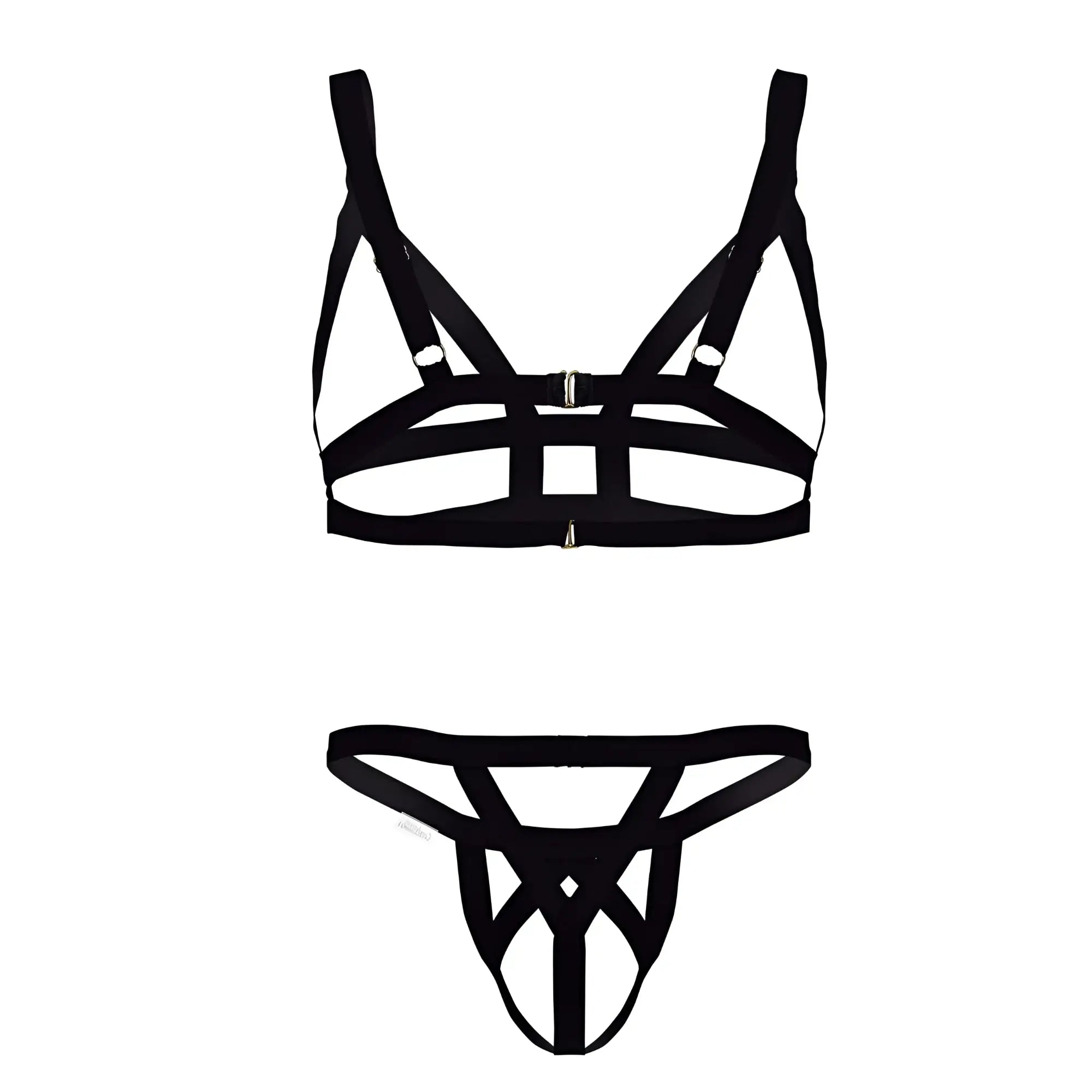 Black strappy harness-style lingerie set with metallic hardware candyMan 99822 two piece outfit front view