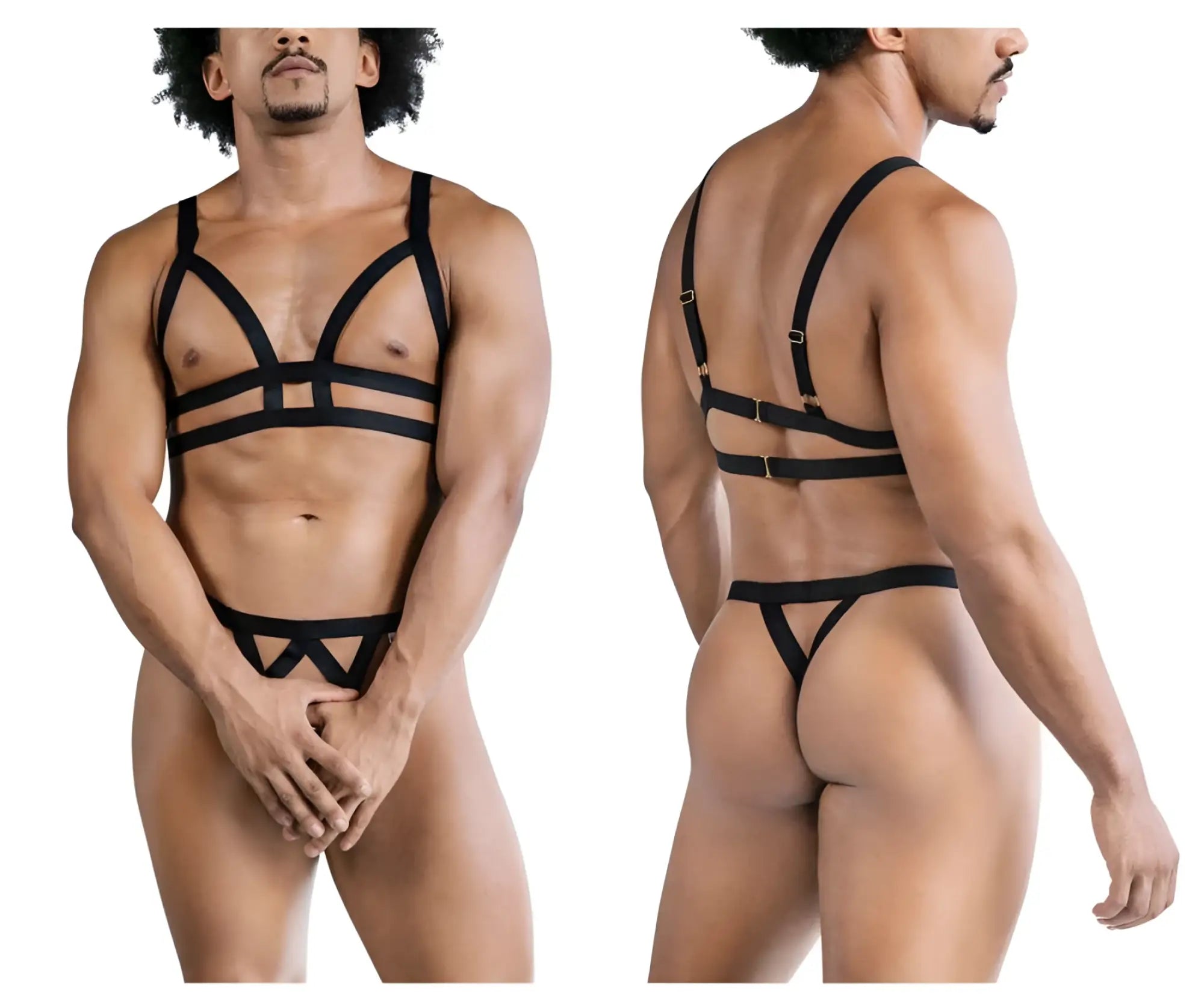 Black strappy harness-style lingerie set candyMan 99822 with adjustable straps and metallic buckles in black