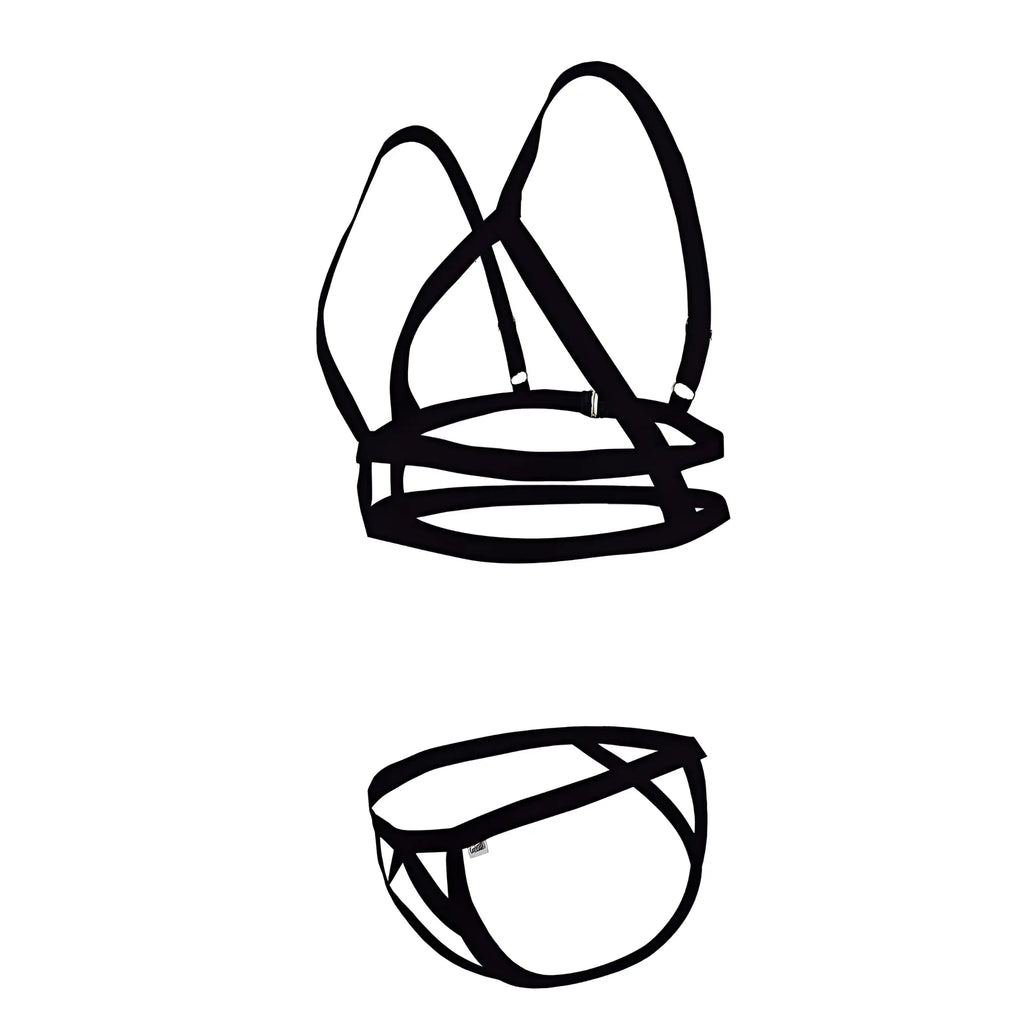 Black strappy two piece lingerie set candy man 99822 with crisscross design and adjustable straps