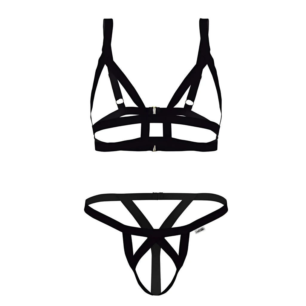 Black strappy lingerie two piece outfit with geometric cage design by candyman 99822 for intimate wear