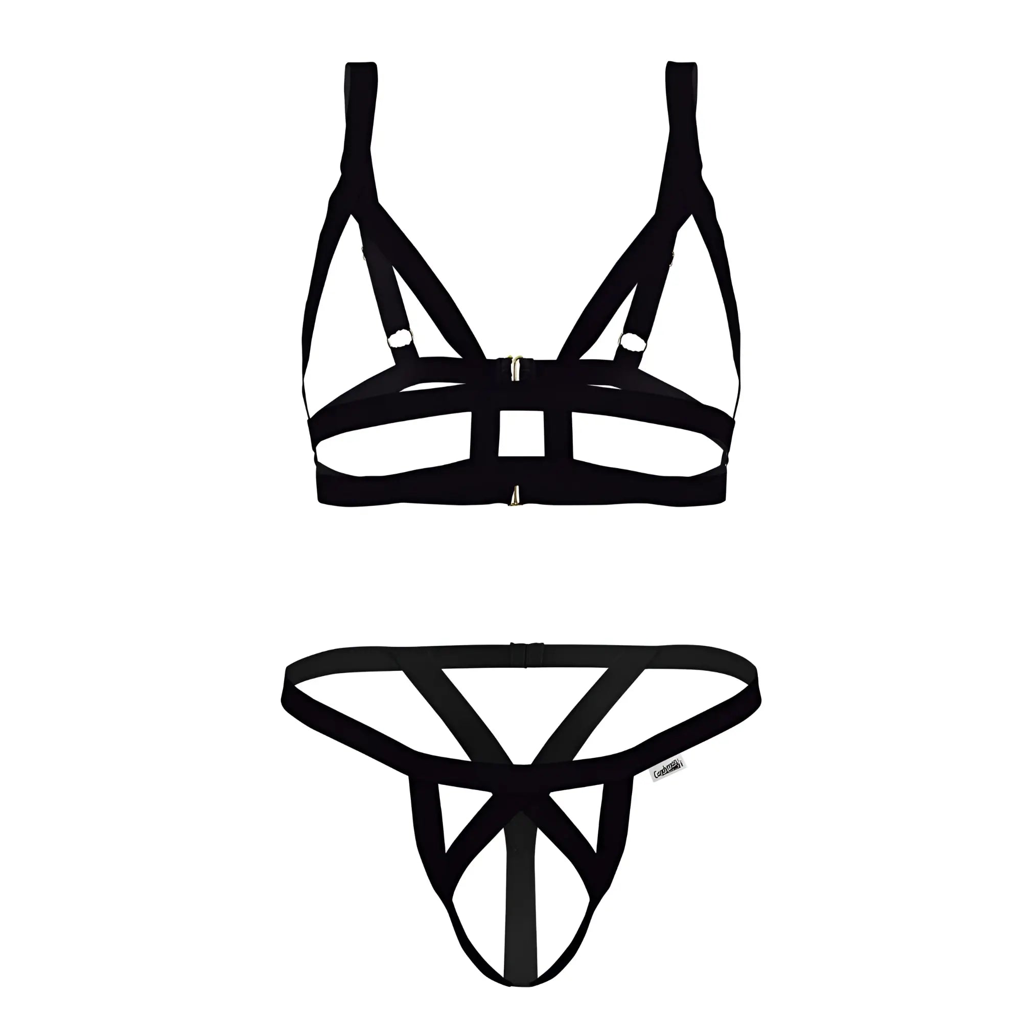 Black strappy lingerie two piece outfit with geometric cage design by candyman 99822 for intimate wear
