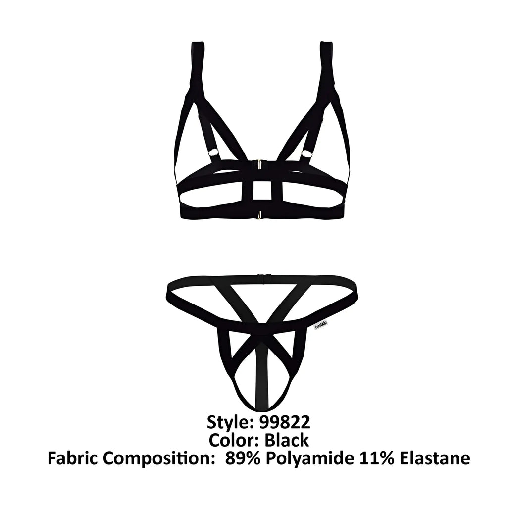 Black CandyMan 99822 two piece lingerie set with geometric crisscross strappy design in sleek black color