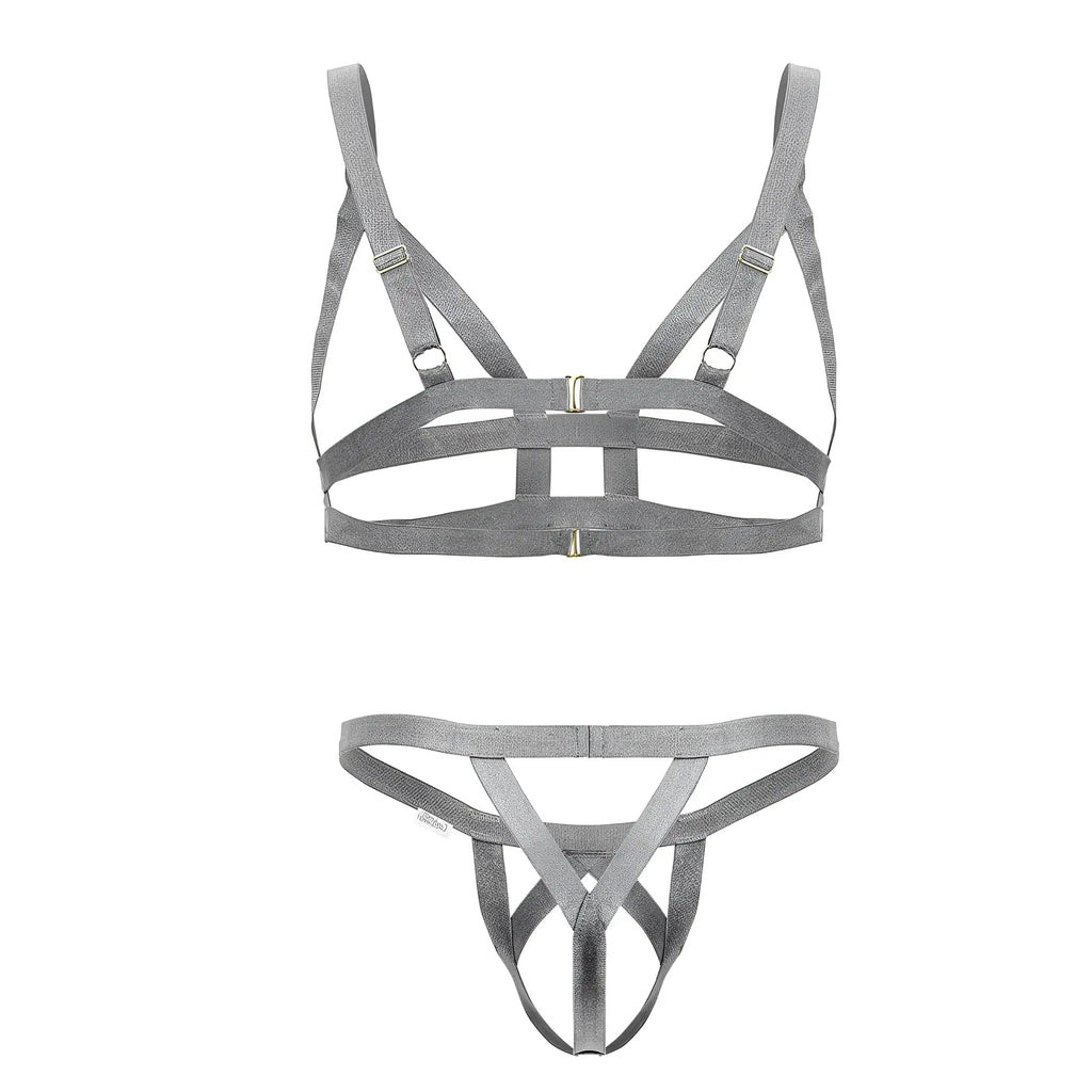 Gray fabric harness-style lingerie set with adjustable straps and metallic hardware candyMan 99822 two piece outfit