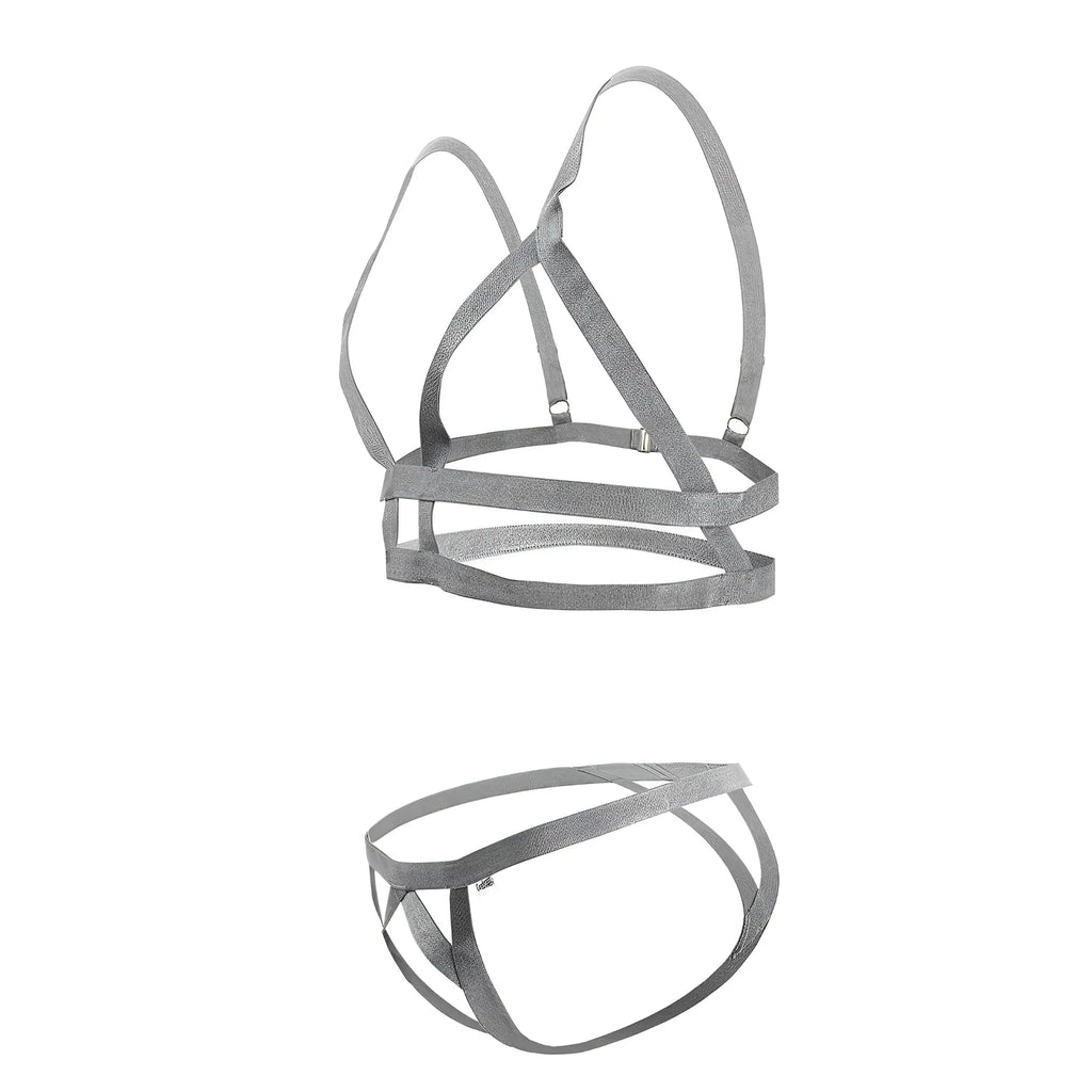 Silver metallic strap harness set in gray candyMan 99822 two piece outfit showing front details