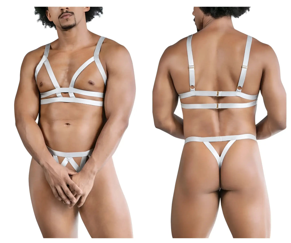 Gray white satin harness-style lingerie set with adjustable straps and minimalist design candy man 99822 two piece outfit