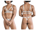 Gray white satin harness-style lingerie set with adjustable straps and minimalist design candy man 99822 two piece outfit