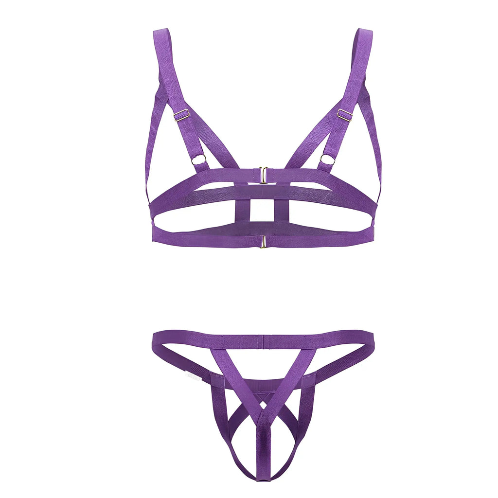 Purple fabric harness-style lingerie set with adjustable straps and metallic clasps candyMan 99822 violet color
