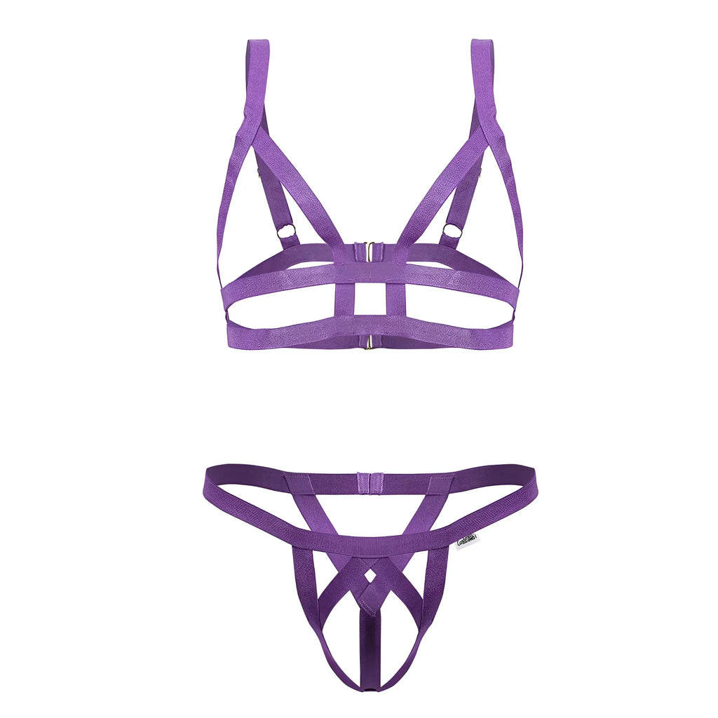 Purple elastic fabric harness-style lingerie set with crisscross design candyMan 99822 two piece outfit violet