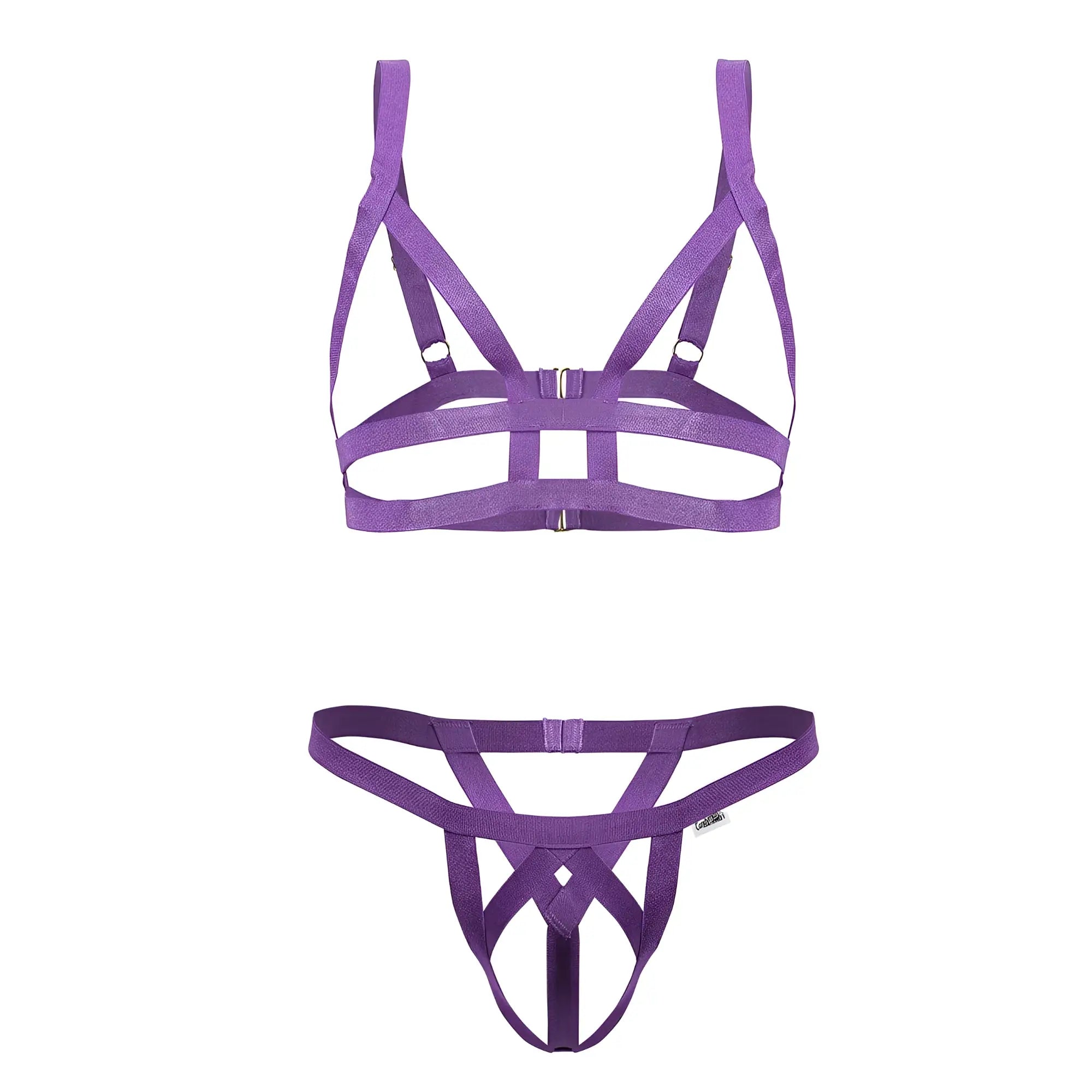 Purple elastic fabric harness-style lingerie set with crisscross design candyMan 99822 two piece outfit violet