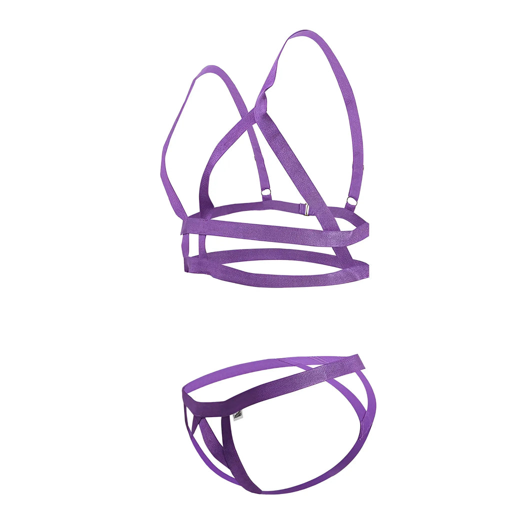 Purple satin harness set with adjustable straps and metallic clasps from candyman 99822 two piece outfit violet