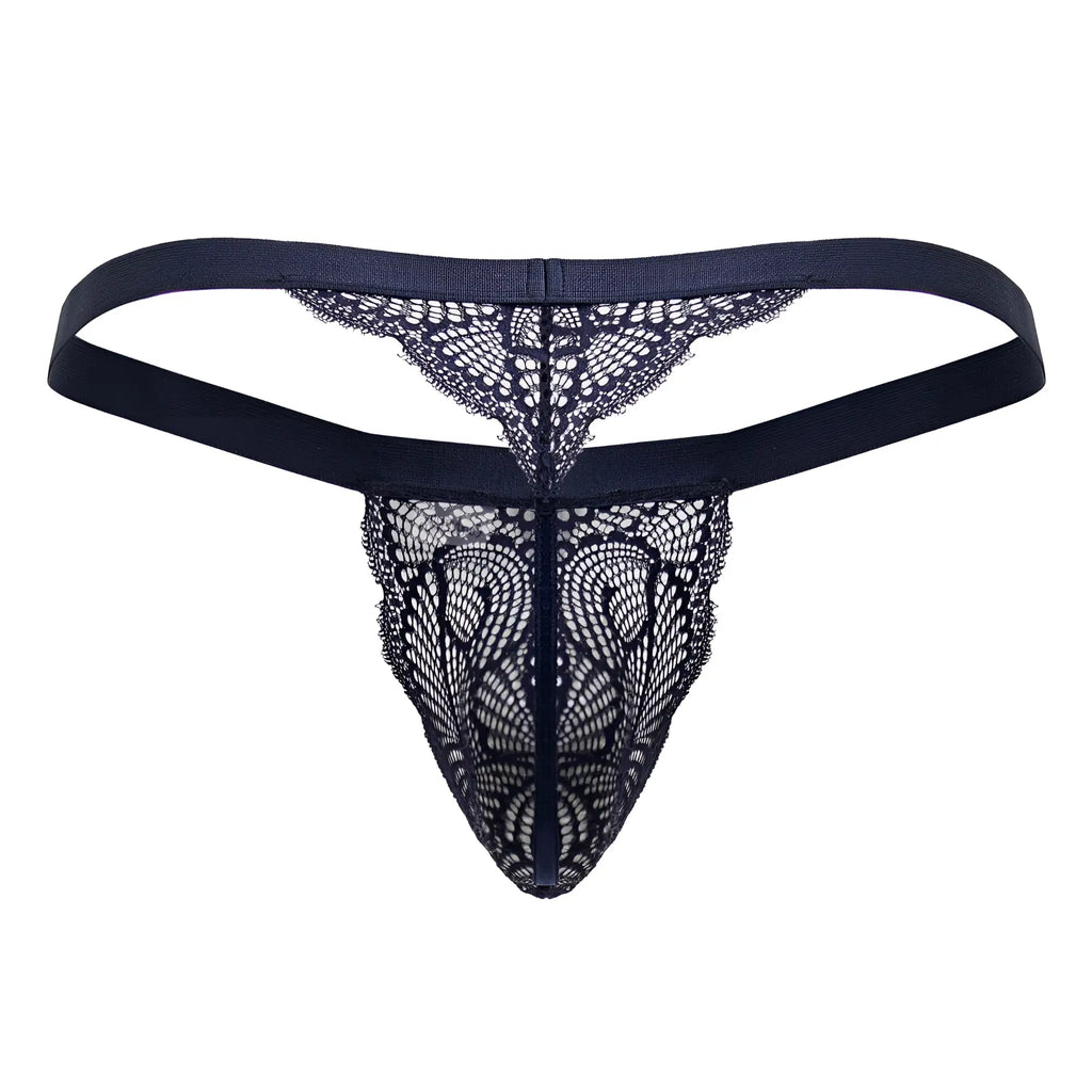 Black lace thong CandyMan 99823 in blue features intricate butterfly mesh and a solid elastic waistband