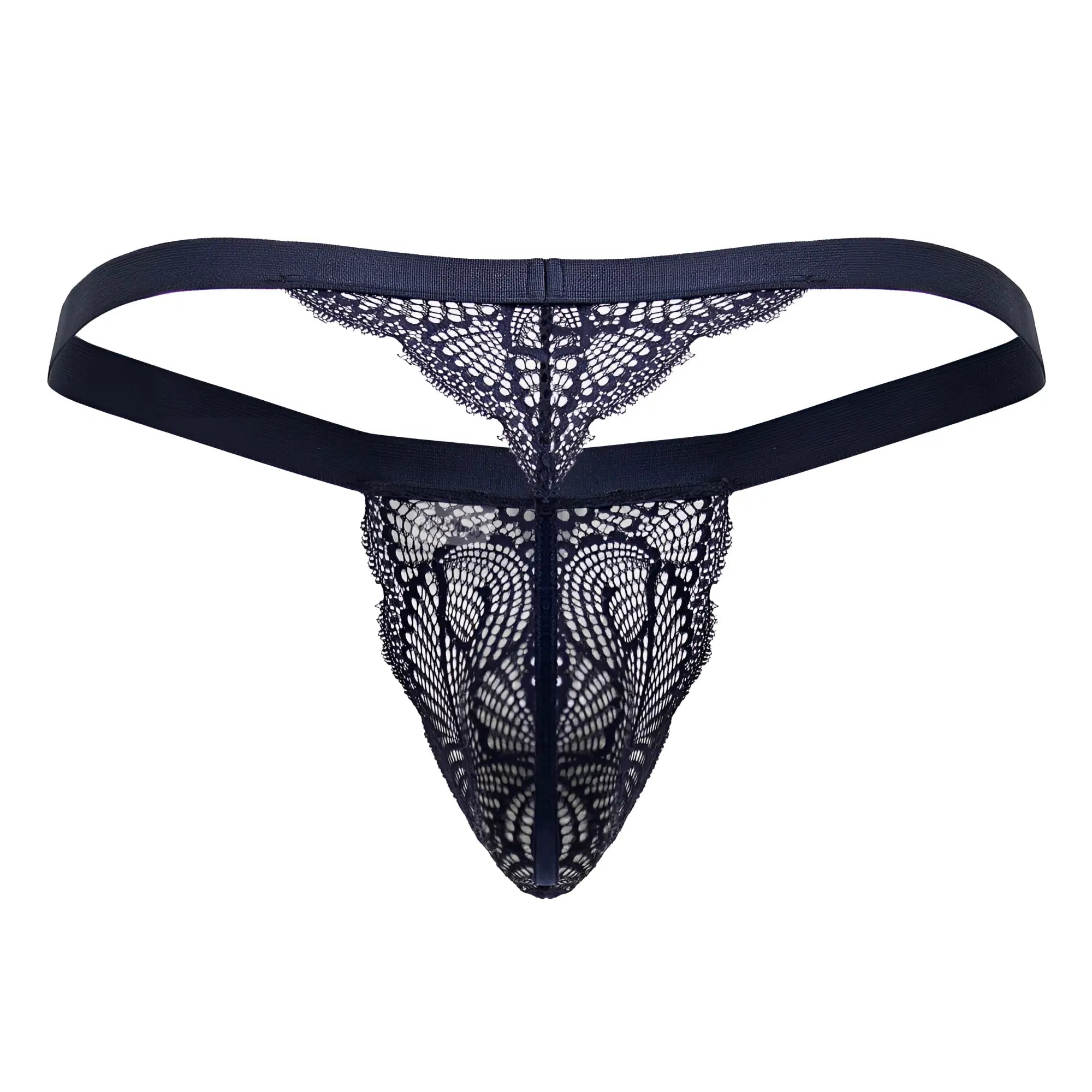 Black lace thong CandyMan 99823 in blue features intricate butterfly mesh and a solid elastic waistband