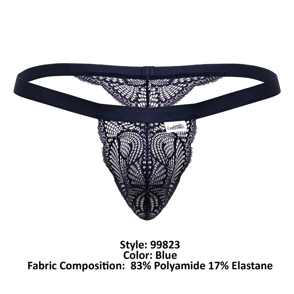 Blue candyman 99823 lace thong with intricate pattern and solid elastic waistband showing front side