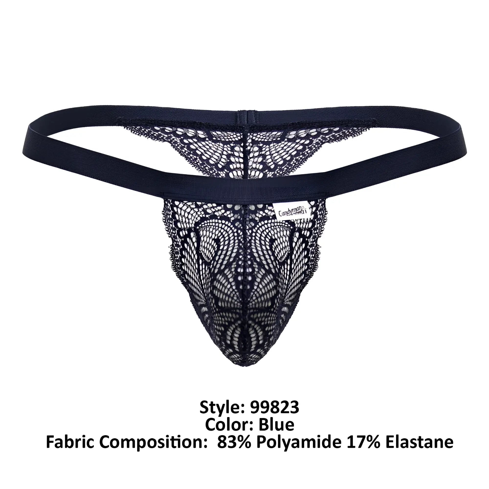 Blue candyman 99823 lace thong with intricate pattern and solid elastic waistband showing front side