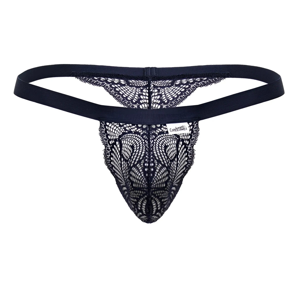 Black lace thong with solid elastic waistband and intricate pattern in blue candyMan 99823 lace thongs