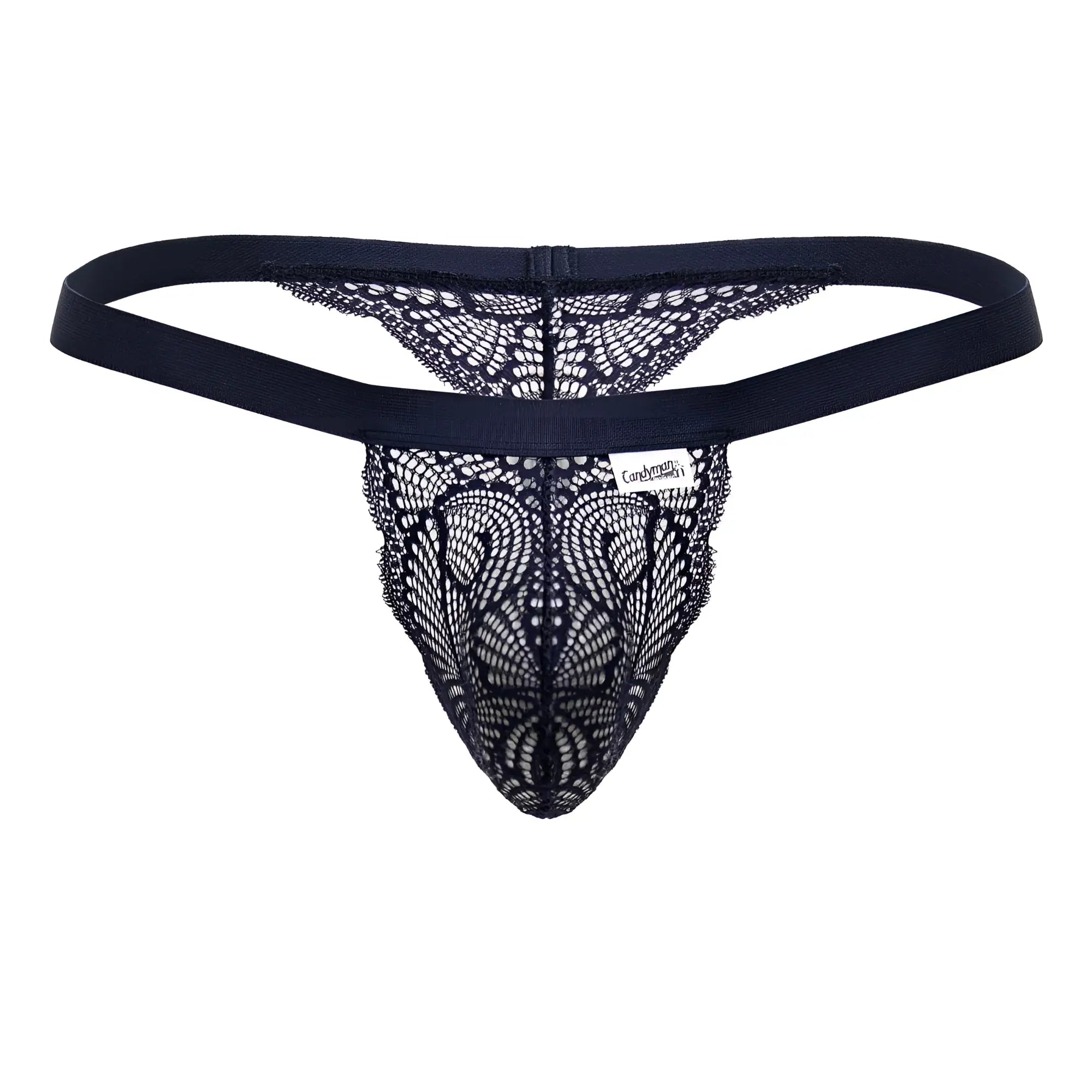 Black lace thong with solid elastic waistband and intricate pattern in blue candyMan 99823 lace thongs