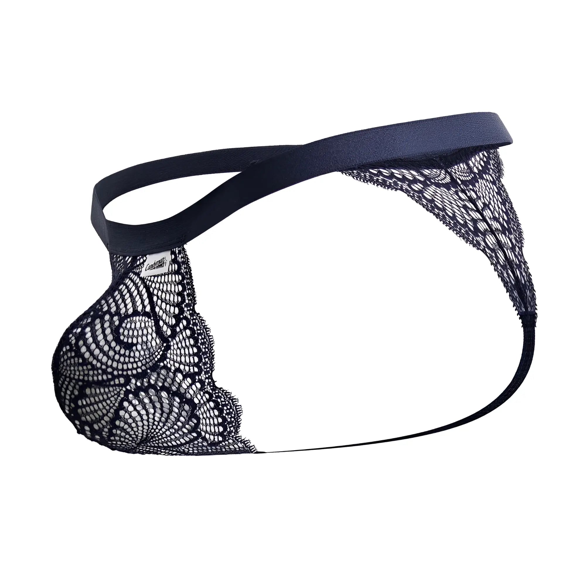 Black lace thong blue candyMan 99823 with solid fabric waistband shown from the back side