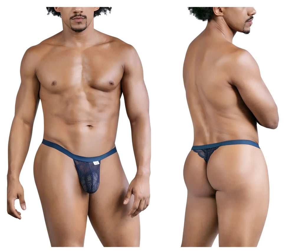 Navy blue CandyMan 99823 lace thong with a subtle pattern and solid waistband shown from the back side