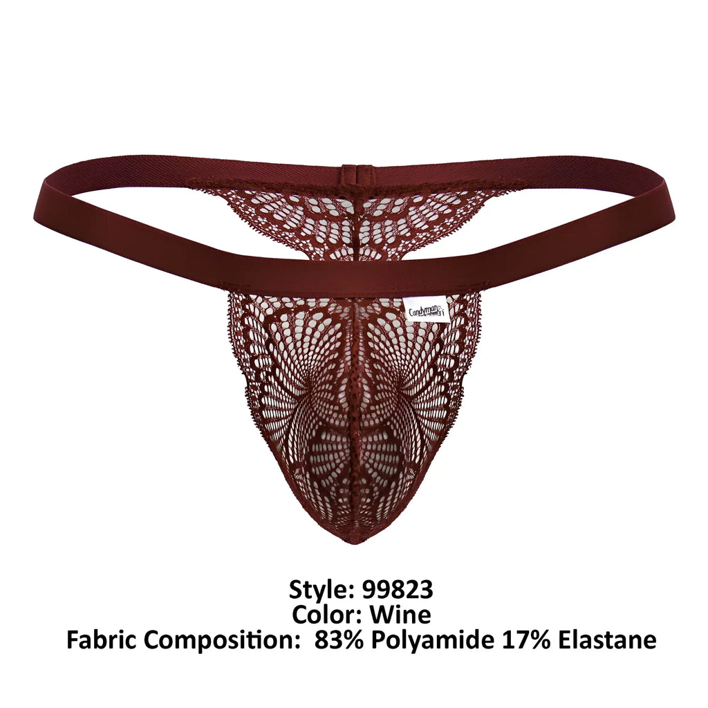 Wine-colored candyMan 99823 lace thong with delicate intricate pattern and elastic waistband shown from the back