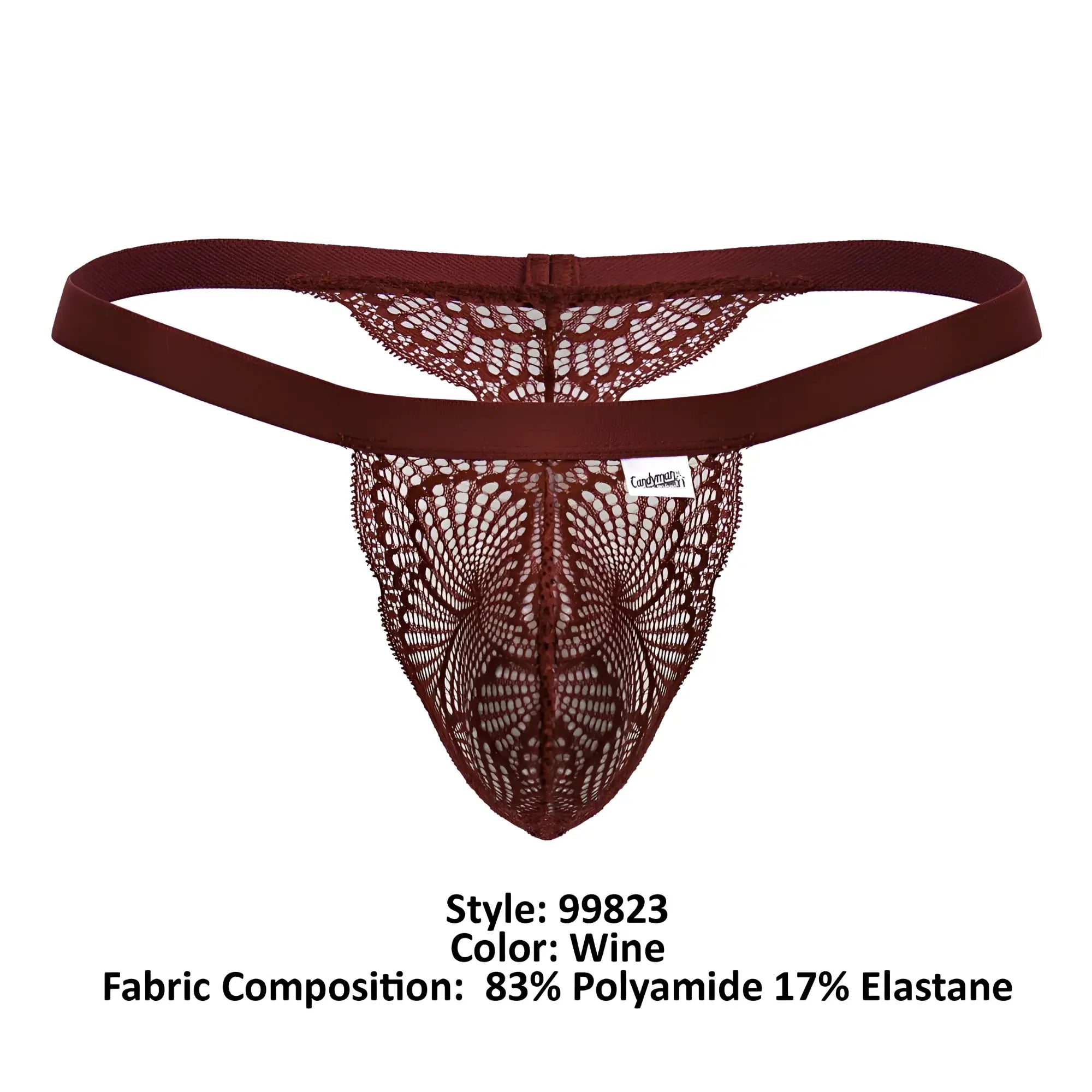 Wine-colored candyMan 99823 lace thong with delicate intricate pattern and elastic waistband shown from the back