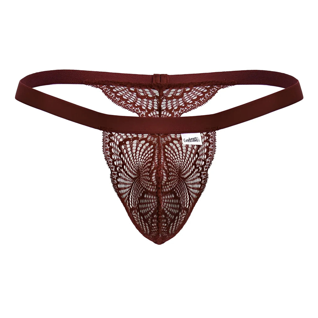 Maroon lace thong with butterfly pattern and elastic waistband from CandyMan 99823 lace thongs color wine collection