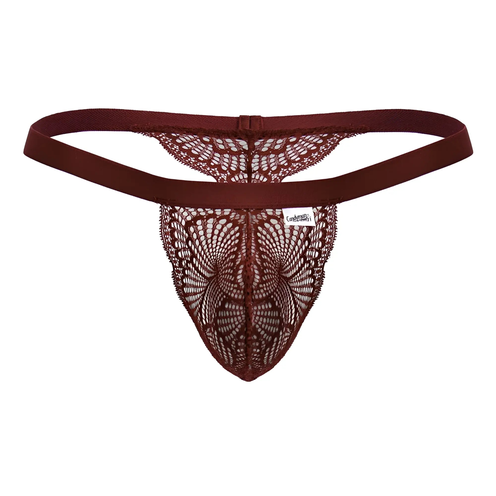 Maroon lace thong with butterfly pattern and elastic waistband from CandyMan 99823 lace thongs color wine collection