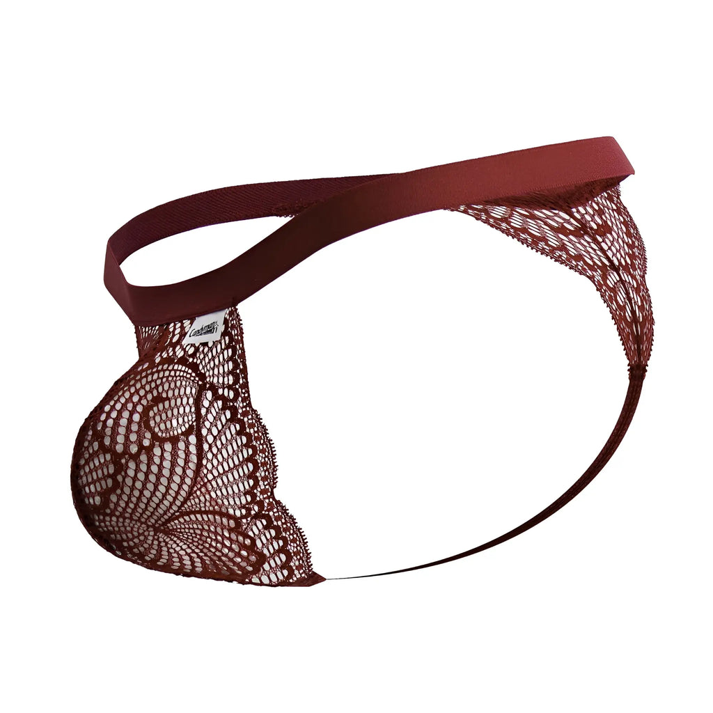 Maroon candy man 99823 lace thong with delicate intricate pattern and smooth elastic waistband front view