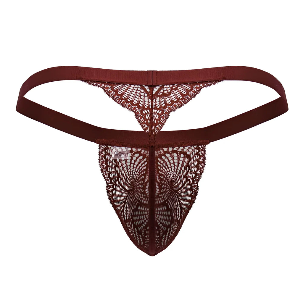 A CandyMan 99823 lace thong in wine color featuring a delicate intricate pattern and elastic waistband